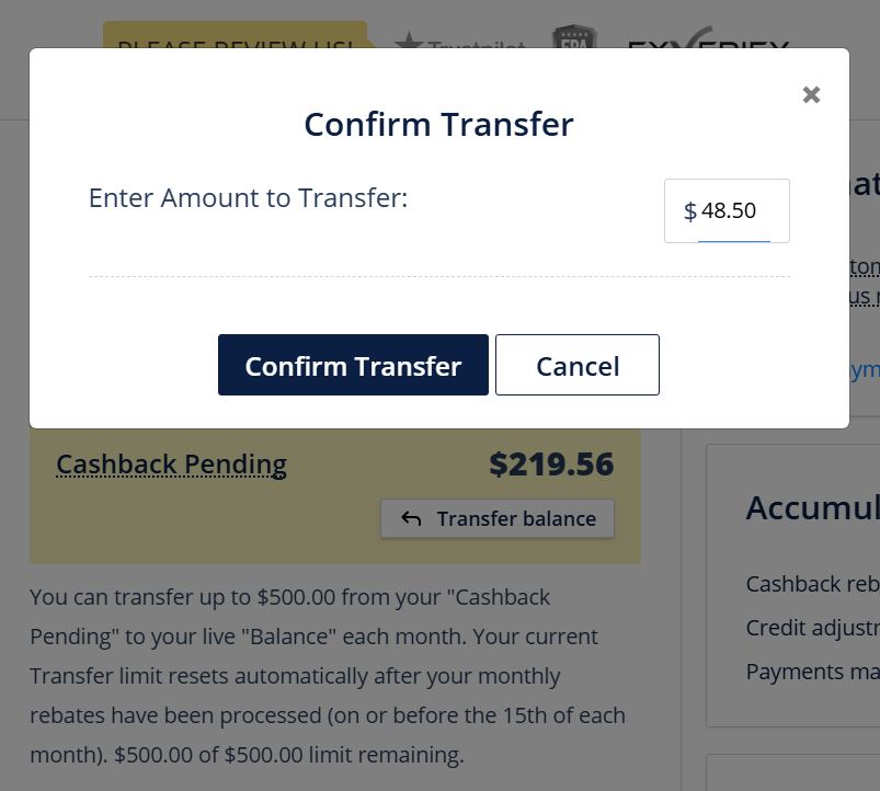 Transfer of Cashback Pending screenshot